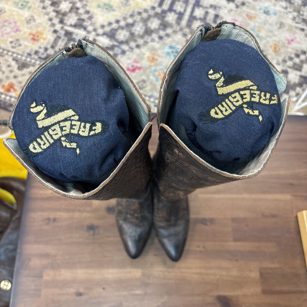 Freebird Brown Leather Crocodile Print Jasper Tall Boots 8