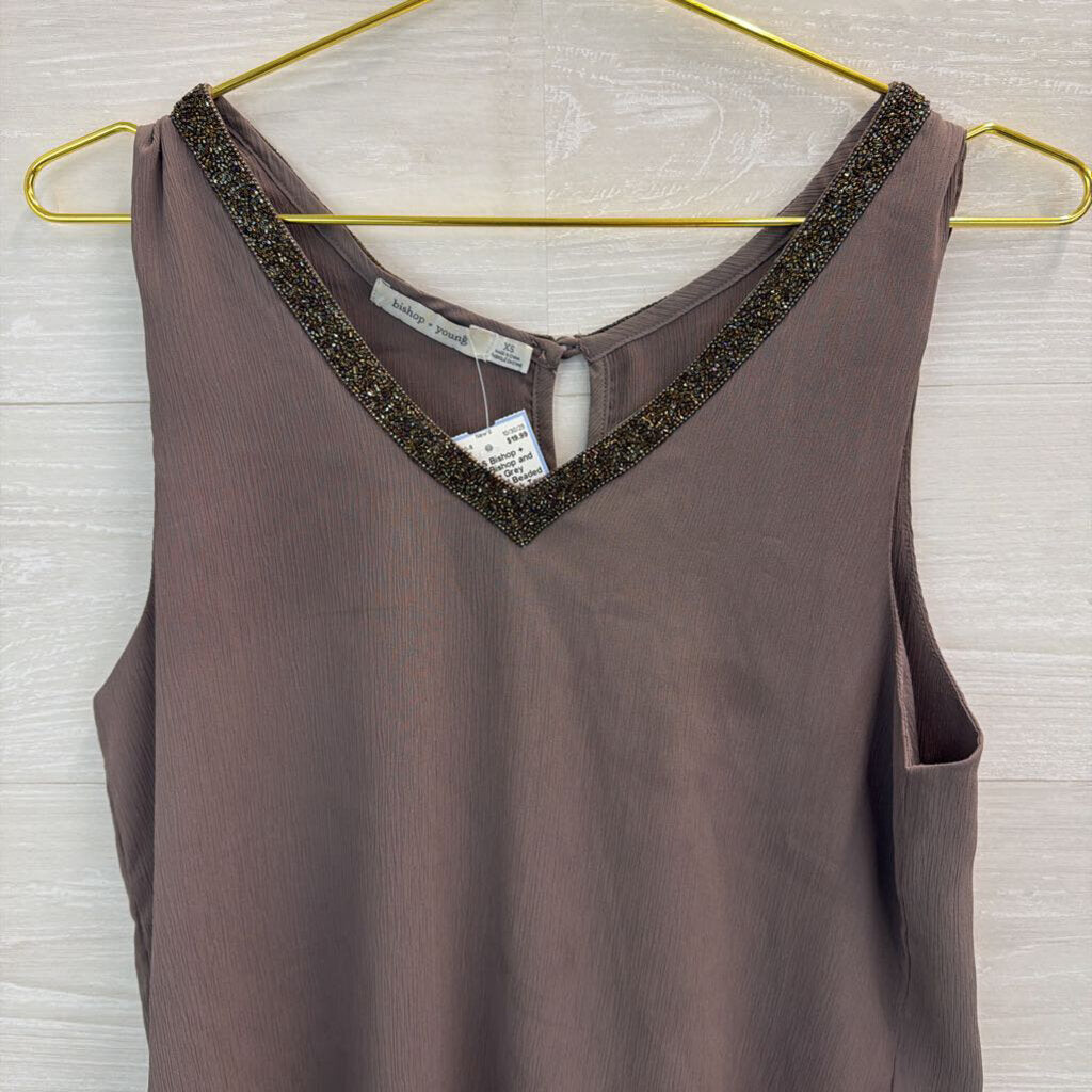 Bishop and Young Grey Embellished Beaded Neckline Tank Top Extra Small