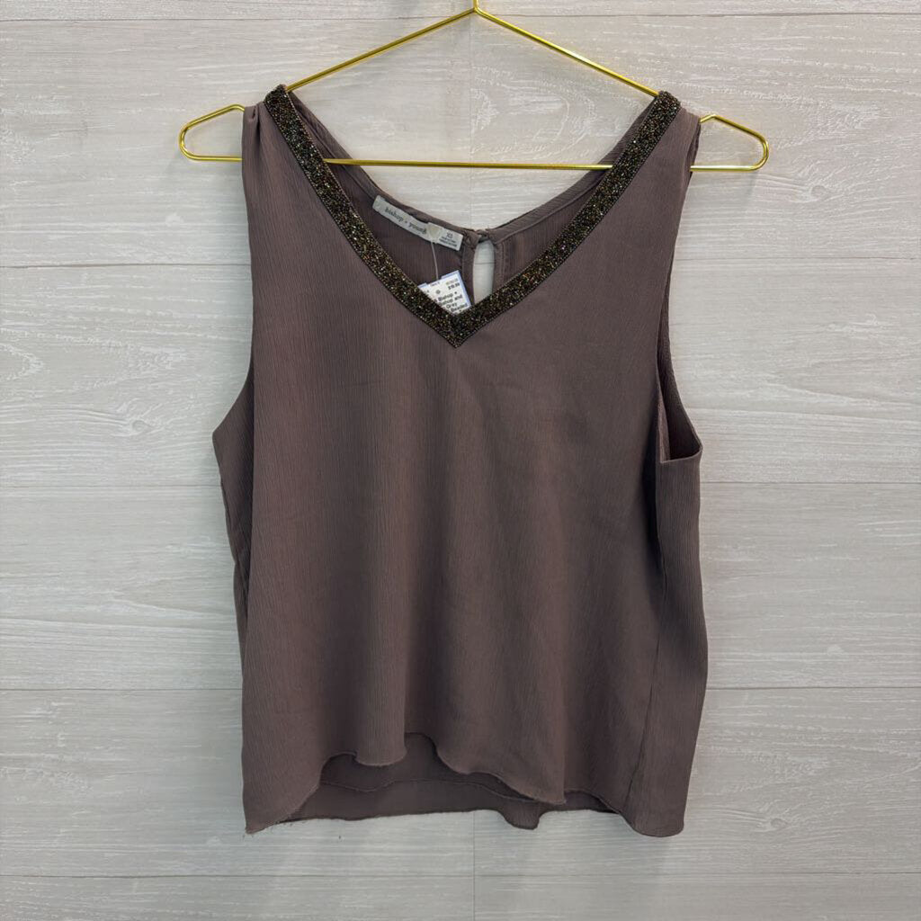 Bishop and Young Grey Embellished Beaded Neckline Tank Top Extra Small