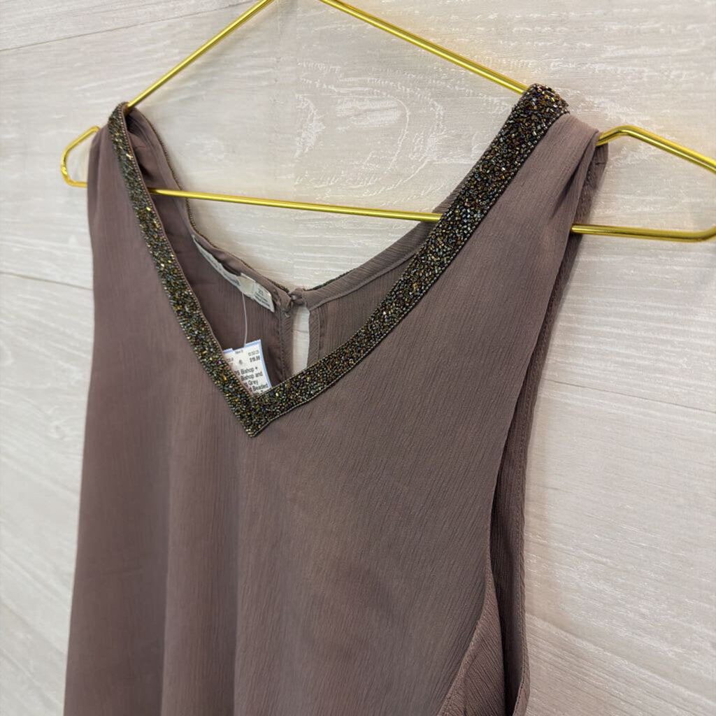 Bishop and Young Grey Embellished Beaded Neckline Tank Top Extra Small