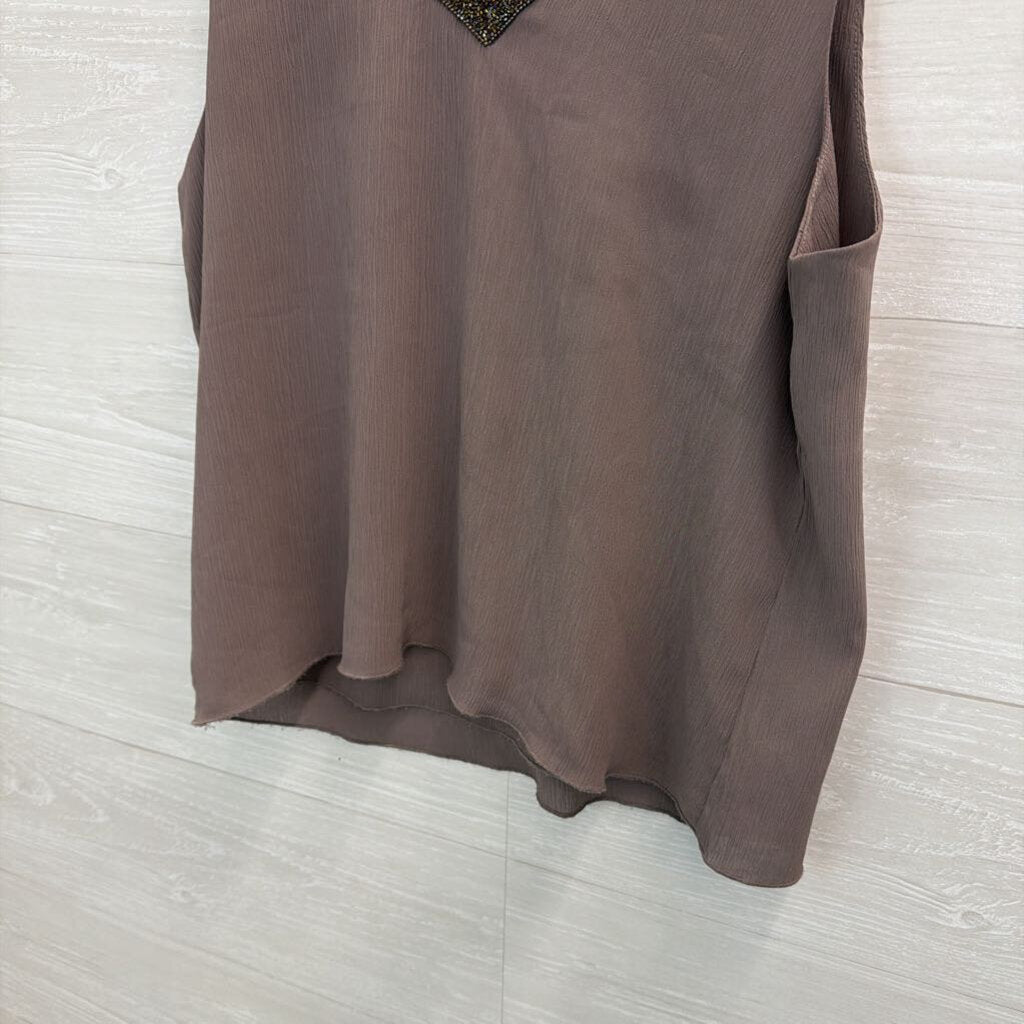Bishop and Young Grey Embellished Beaded Neckline Tank Top Extra Small