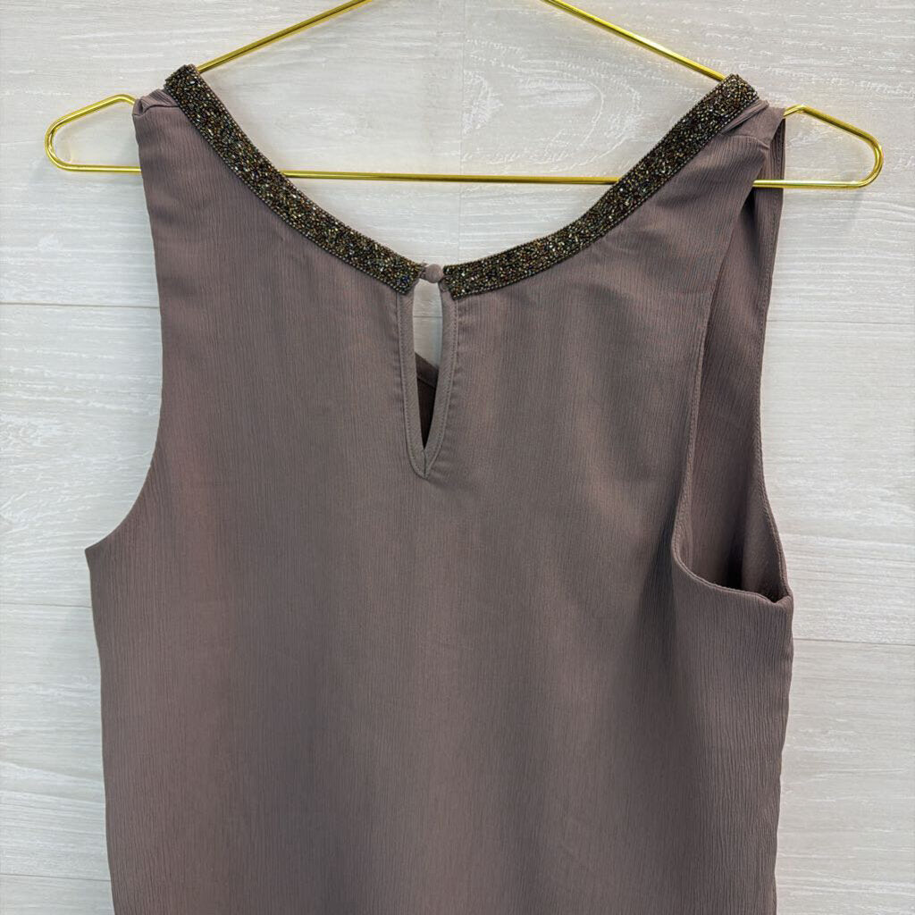 Bishop and Young Grey Embellished Beaded Neckline Tank Top Extra Small