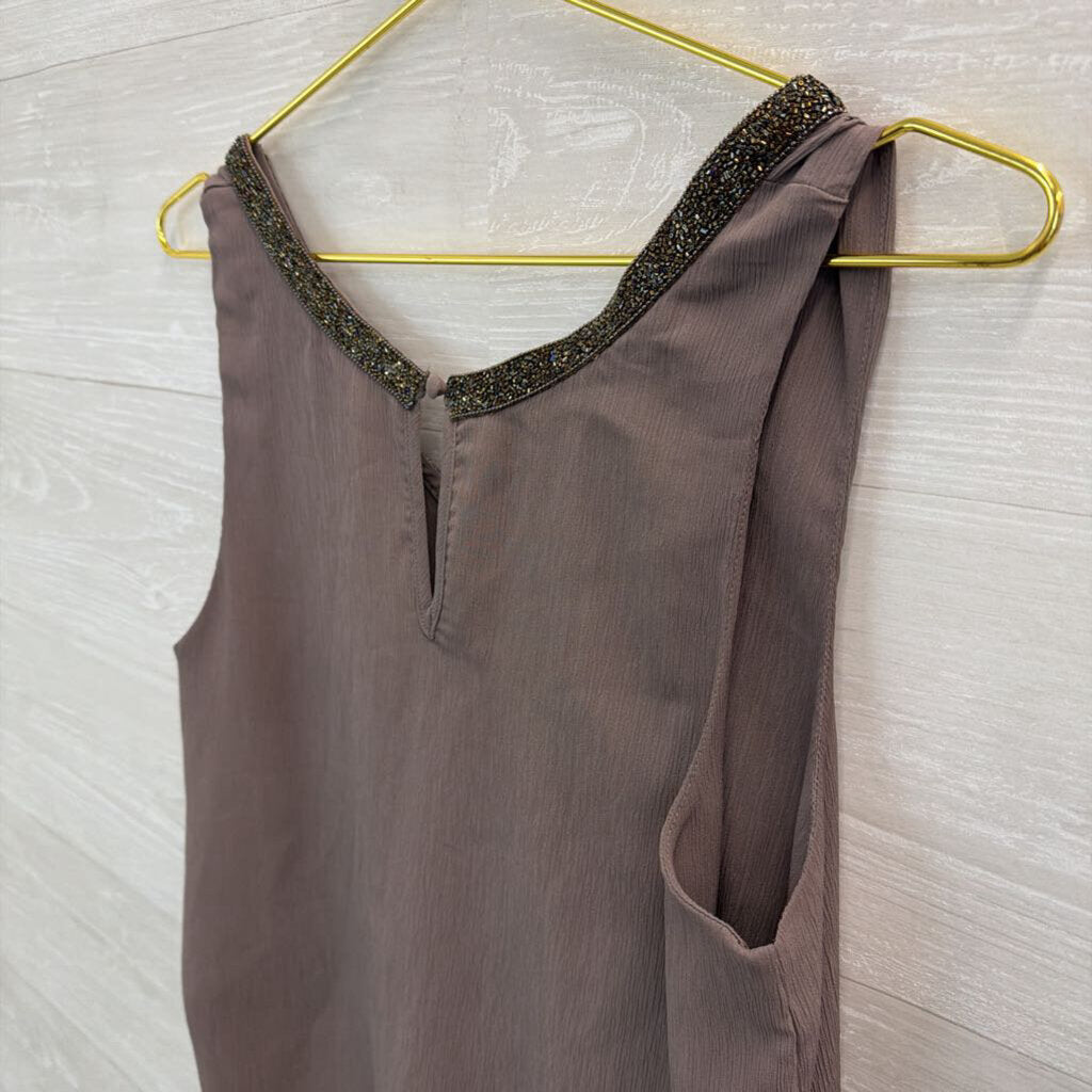 Bishop and Young Grey Embellished Beaded Neckline Tank Top Extra Small