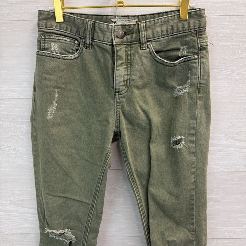 Free People Green Denim Skinny Leg Distressed Jeans 26