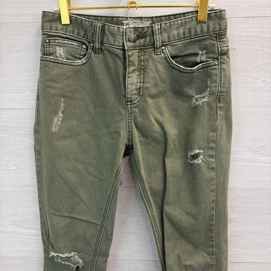 Free People Green Denim Skinny Leg Distressed Jeans 26