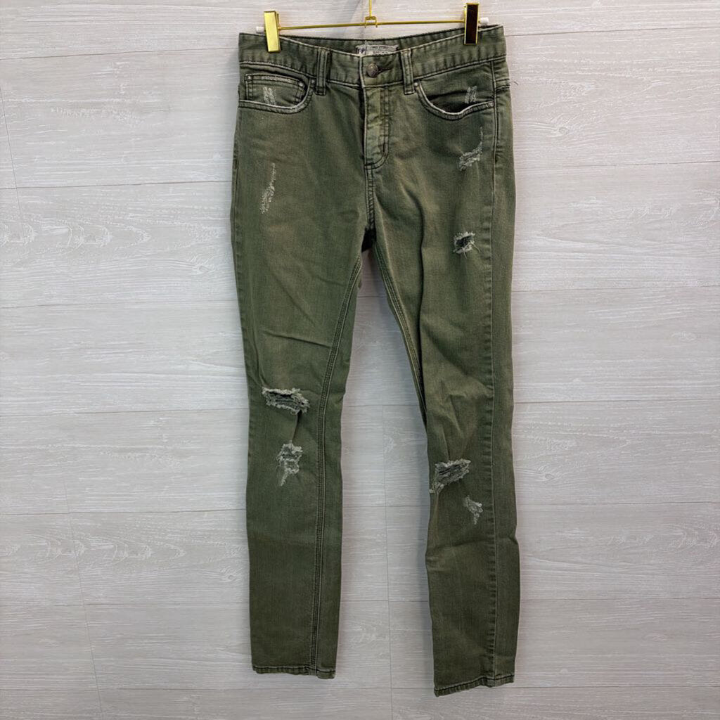 Free People Green Denim Skinny Leg Distressed Jeans 26