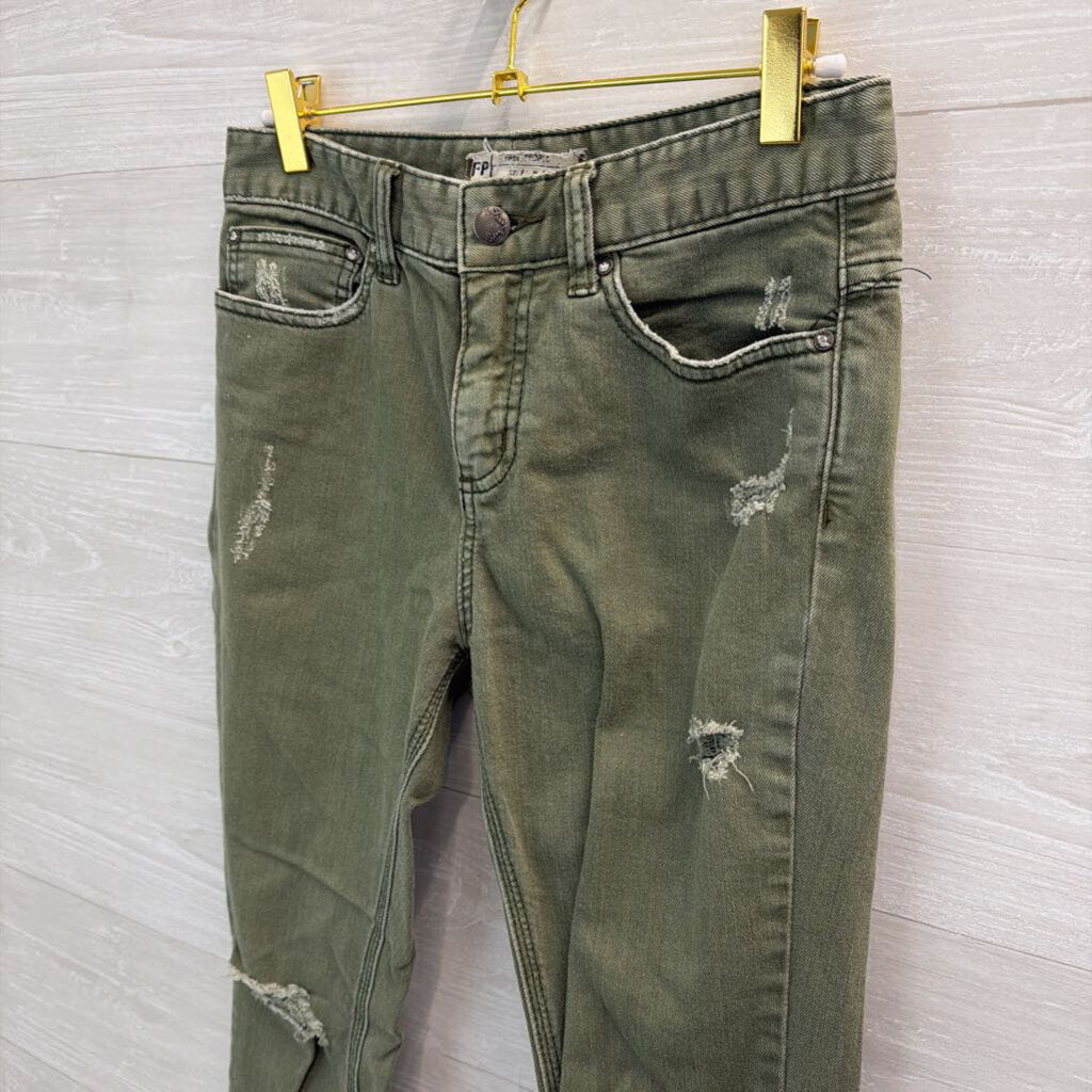 Free People Green Denim Skinny Leg Distressed Jeans 26