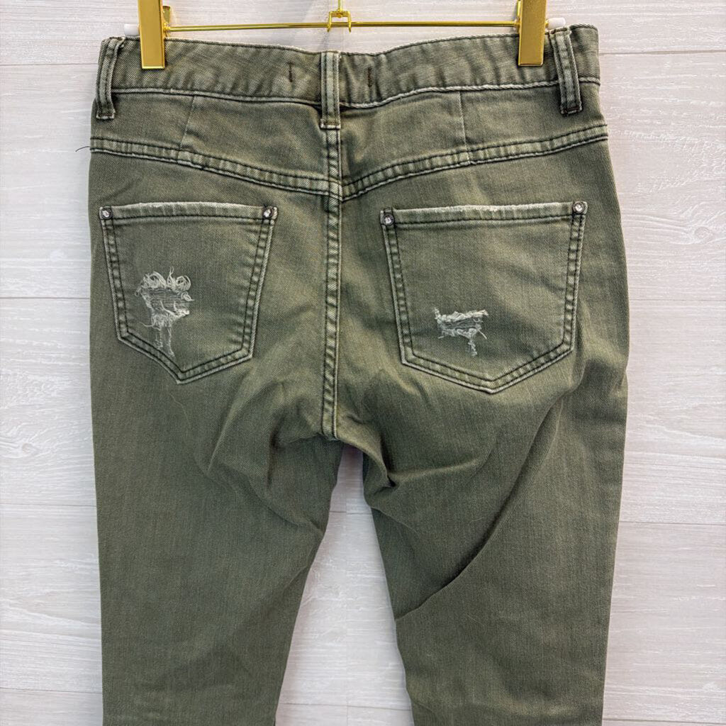 Free People Green Denim Skinny Leg Distressed Jeans 26