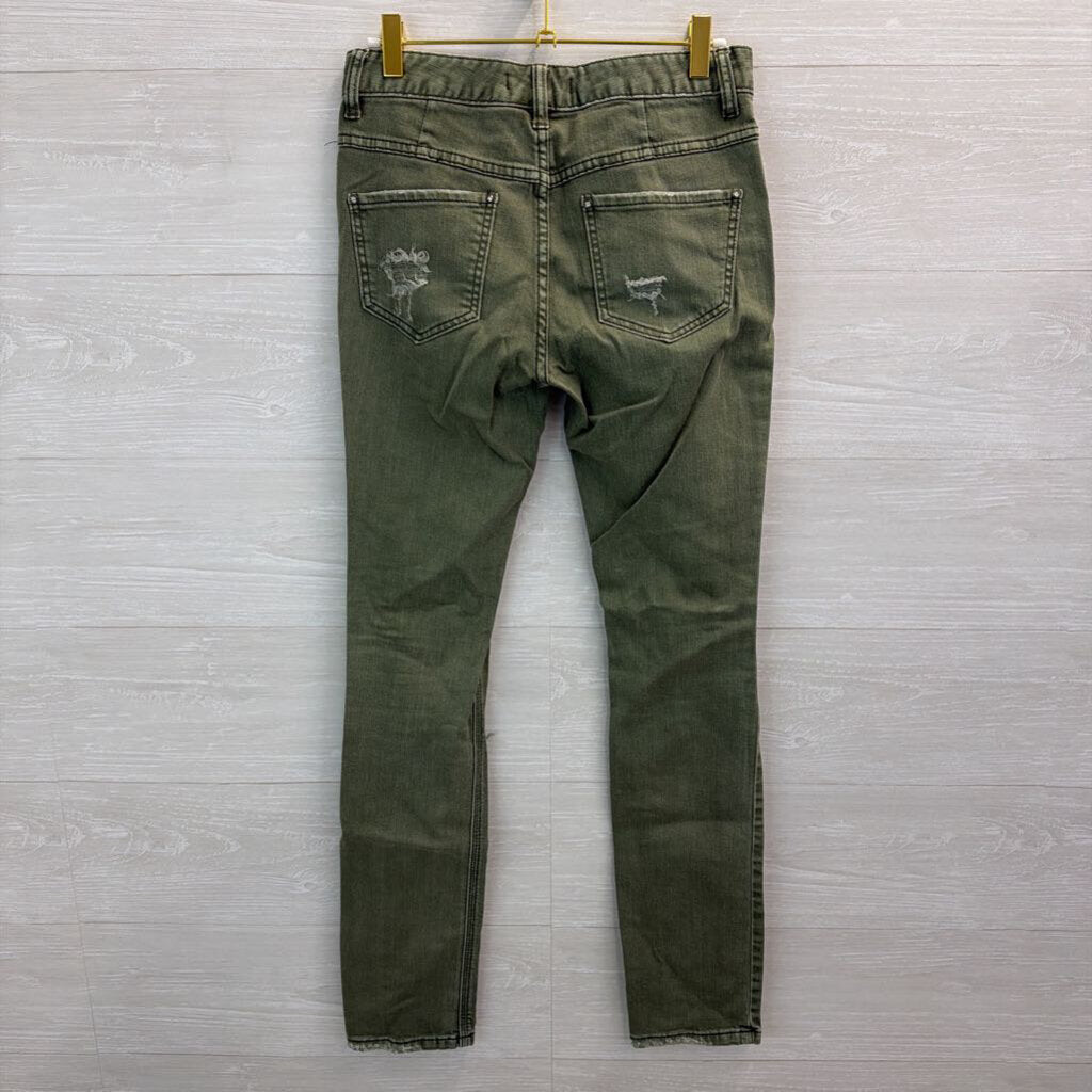Free People Green Denim Skinny Leg Distressed Jeans 26