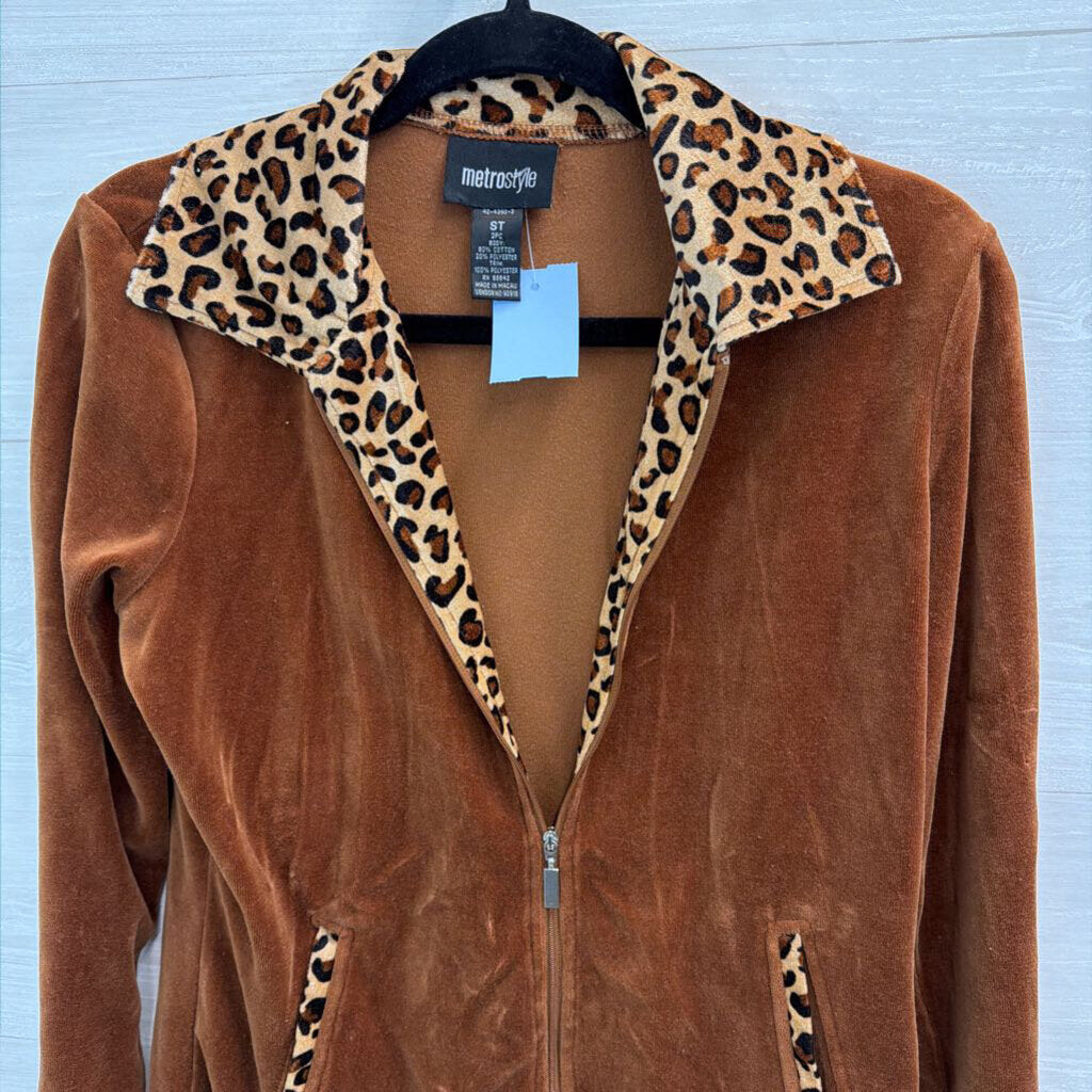 Vintage MetroStyle Brown Velour Leopard Trim Jacket/ Pants Set Small Tall