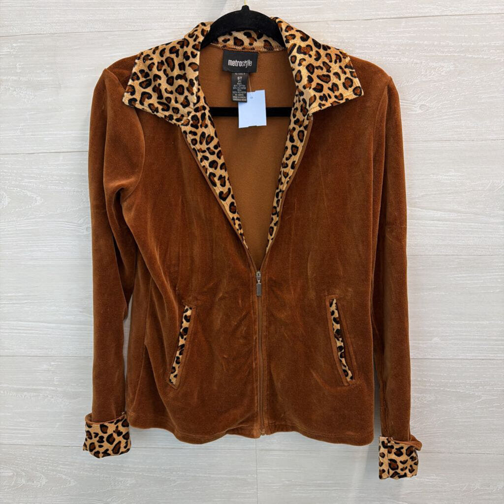 Vintage MetroStyle Brown Velour Leopard Trim Jacket/ Pants Set Small Tall