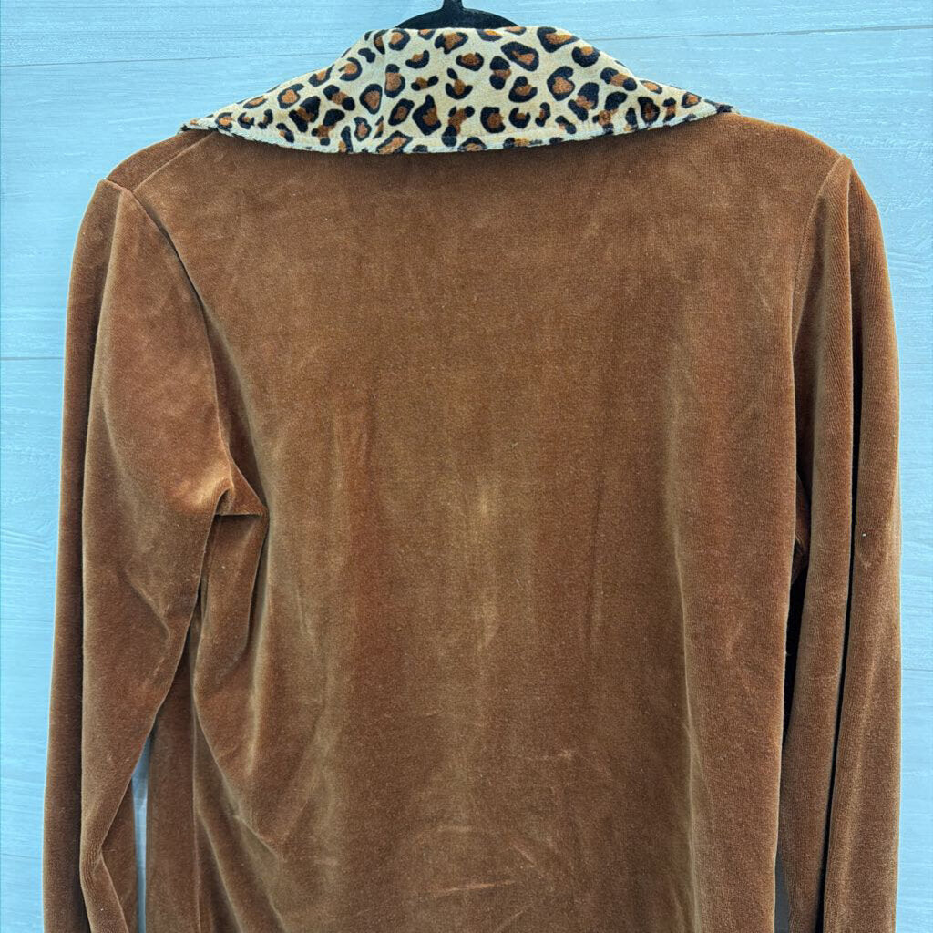 Vintage MetroStyle Brown Velour Leopard Trim Jacket/ Pants Set Small Tall