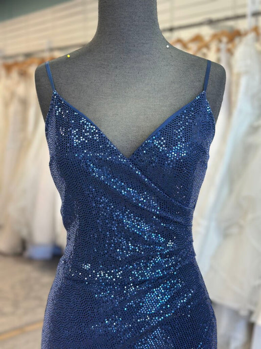 Emerald Sundae Blue Sparkle Fitted Long Formal Dress Extra Small