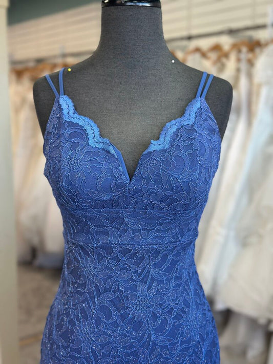 Teeze Me Blue Sparkle Lace Fitted Side Slit Long Formal Dress 1/2