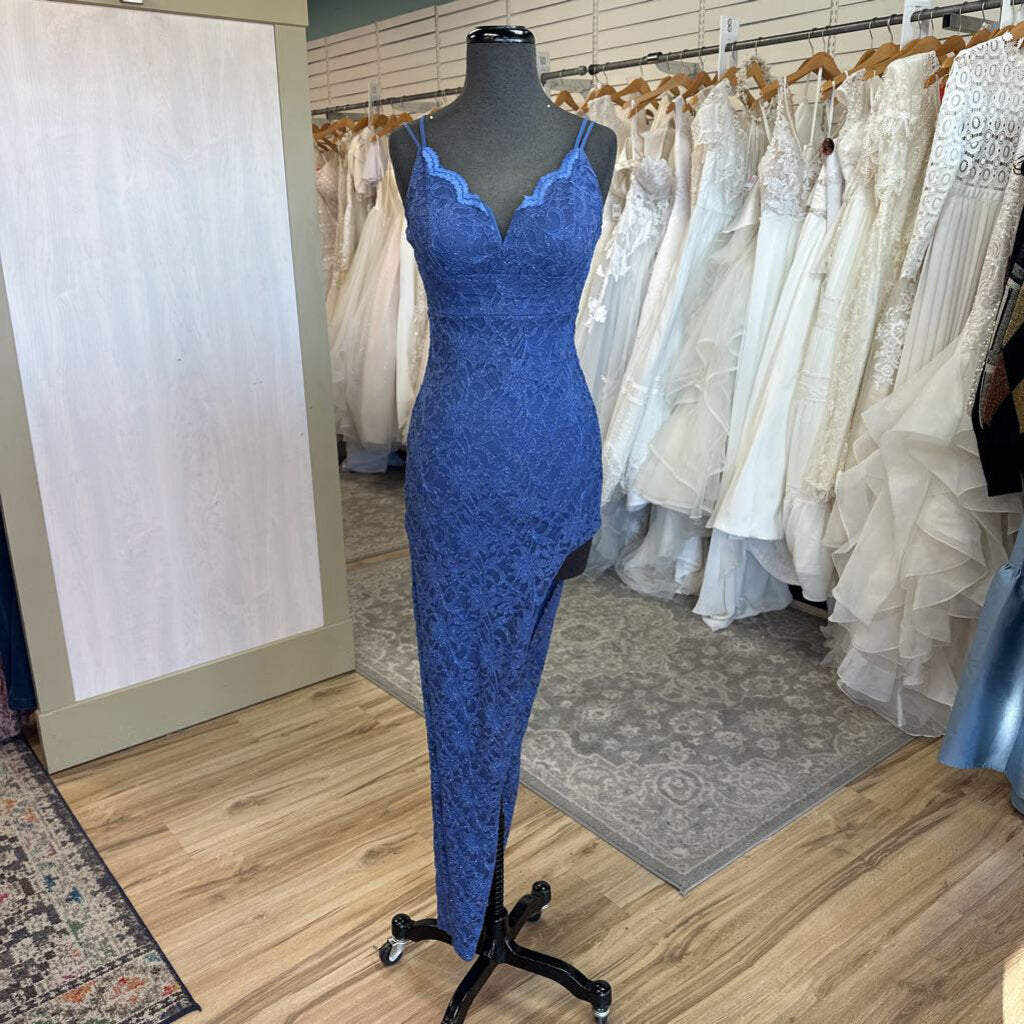 Teeze Me Blue Sparkle Lace Fitted Side Slit Long Formal Dress 1/2