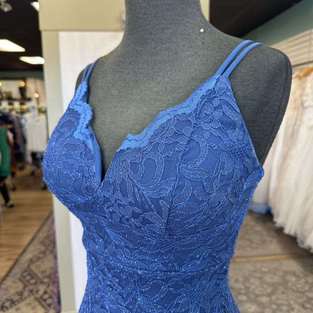 Teeze Me Blue Sparkle Lace Fitted Side Slit Long Formal Dress 1/2