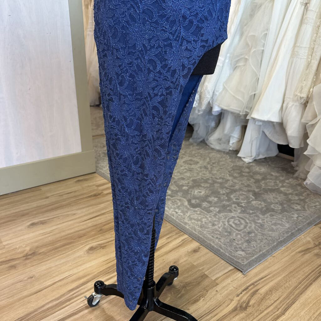 Teeze Me Blue Sparkle Lace Fitted Side Slit Long Formal Dress 1/2