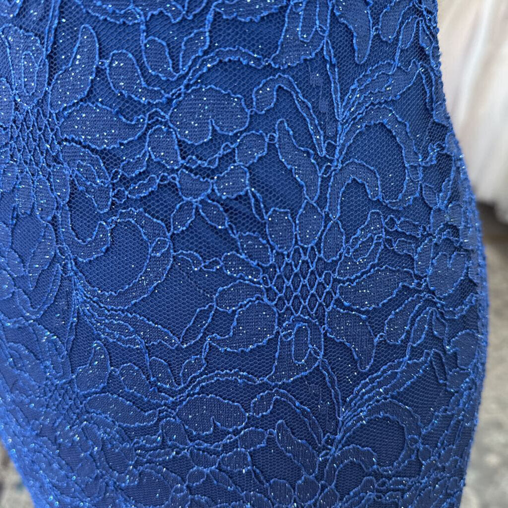 Teeze Me Blue Sparkle Lace Fitted Side Slit Long Formal Dress 1/2