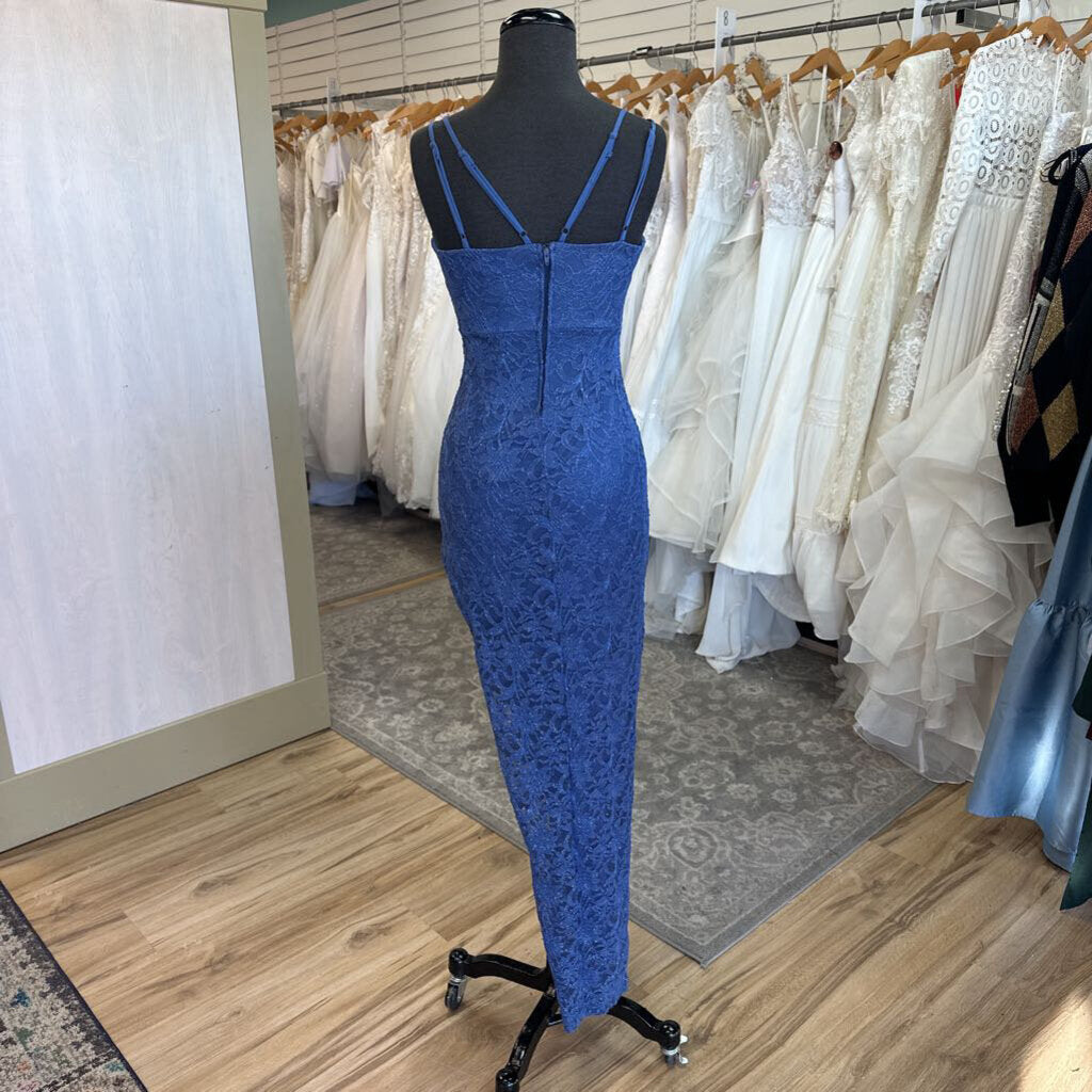 Teeze Me Blue Sparkle Lace Fitted Side Slit Long Formal Dress 1/2