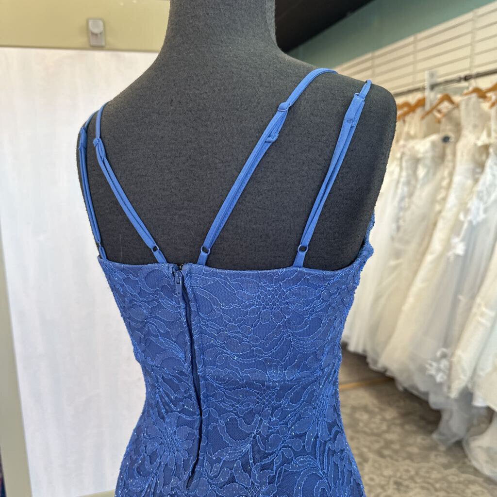 Teeze Me Blue Sparkle Lace Fitted Side Slit Long Formal Dress 1/2