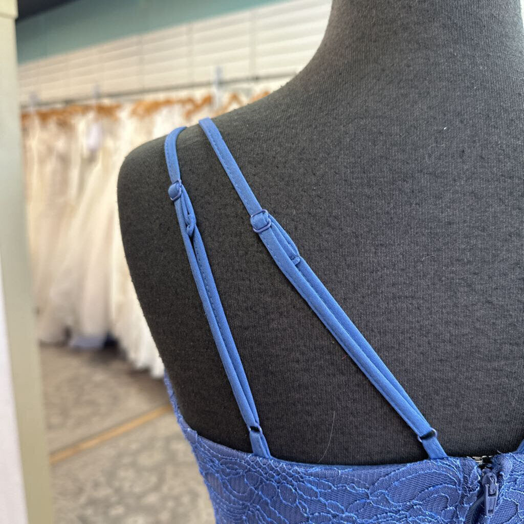 Teeze Me Blue Sparkle Lace Fitted Side Slit Long Formal Dress 1/2