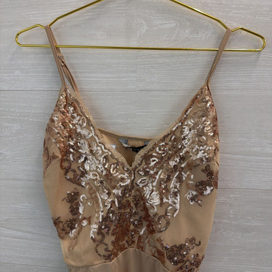 Naanaa Beige/ Gold Sequin Tank Bodysuit 12