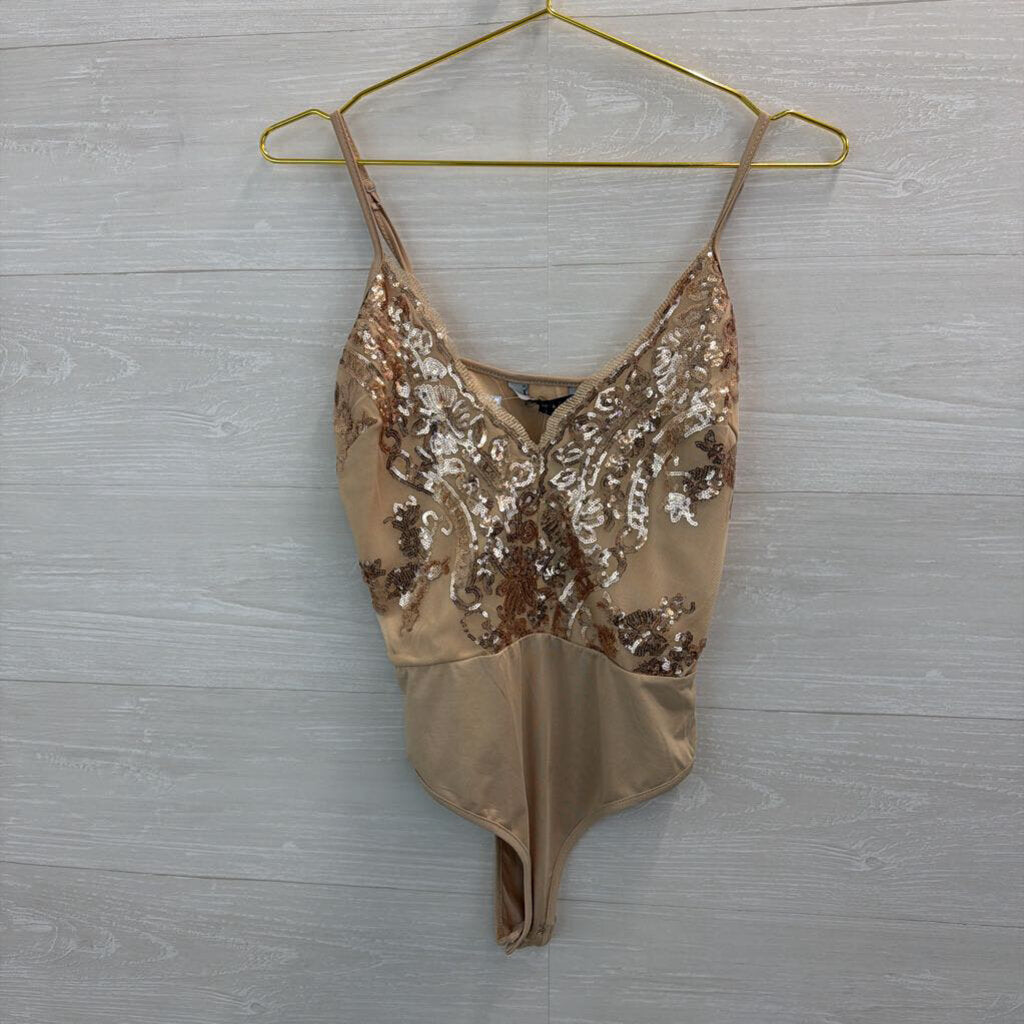 Naanaa Beige/ Gold Sequin Tank Bodysuit 12