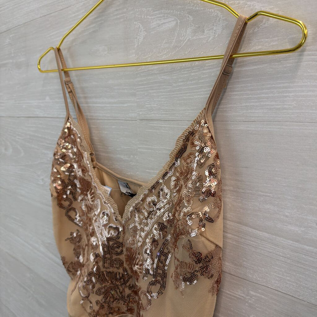 Naanaa Beige/ Gold Sequin Tank Bodysuit 12