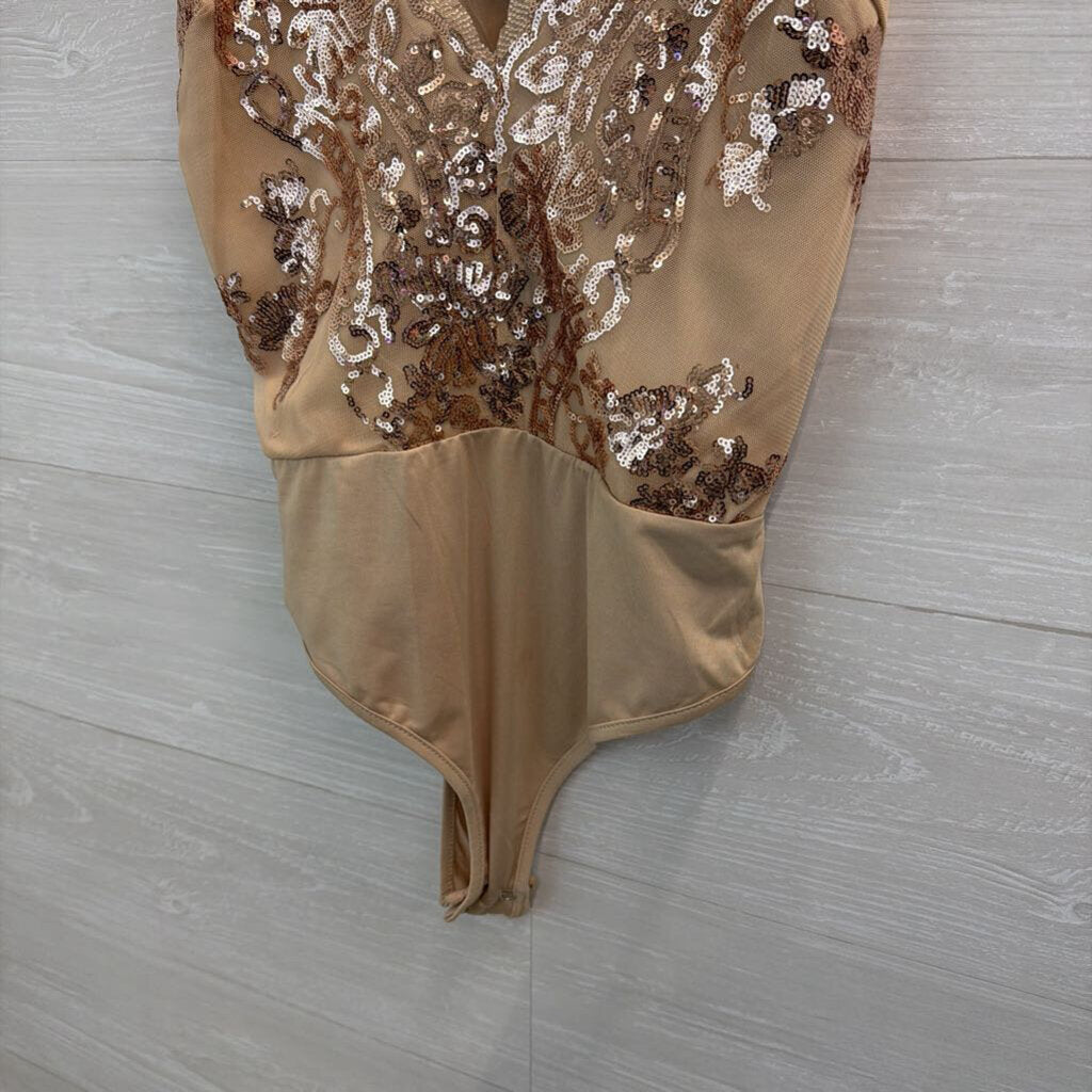 Naanaa Beige/ Gold Sequin Tank Bodysuit 12