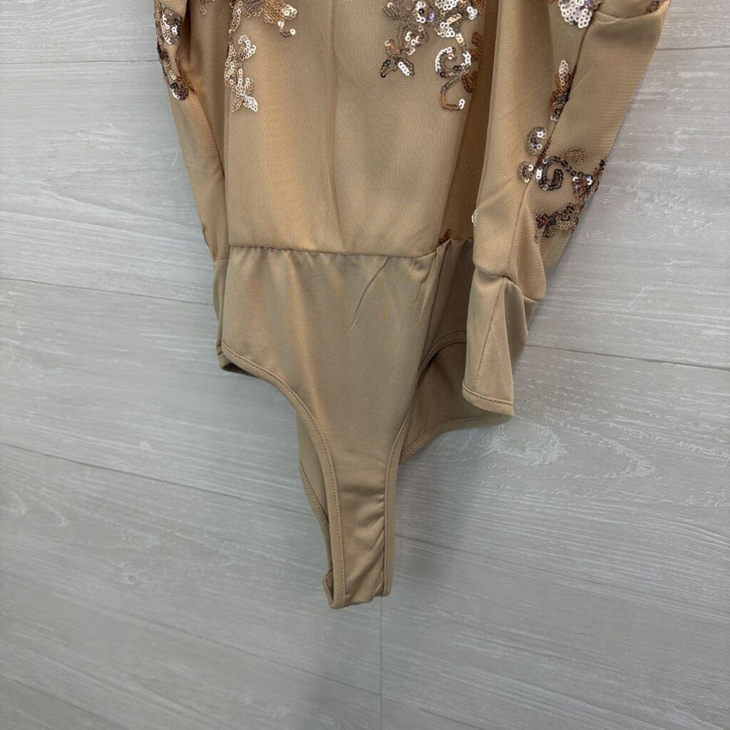 Naanaa Beige/ Gold Sequin Tank Bodysuit 12