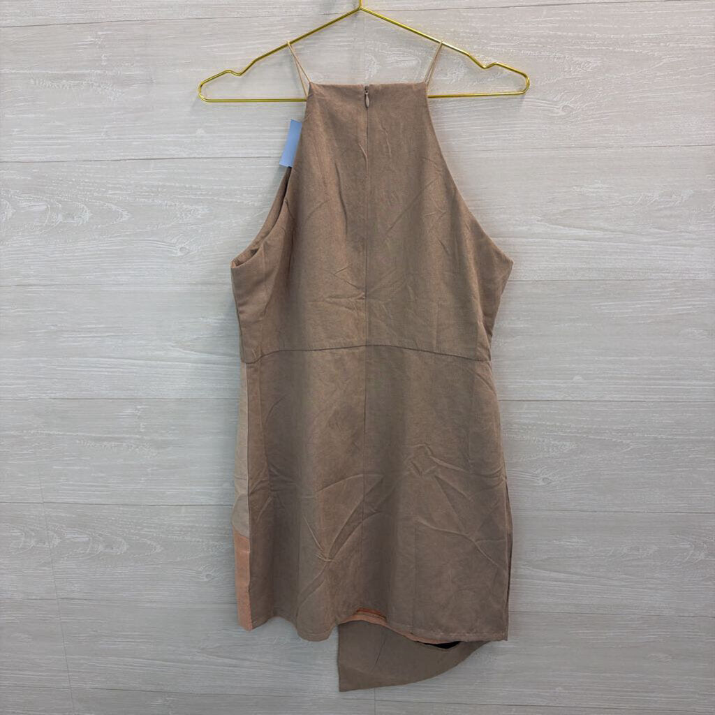 Rare London Beige/ Pink Suede Color Block High Neck Dress 10