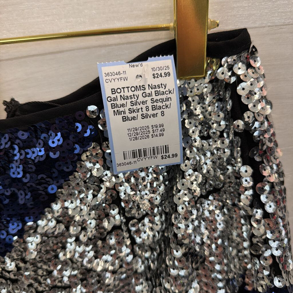 Nasty Gal Black/ Blue/ Silver Sequin Mini Skirt 8
