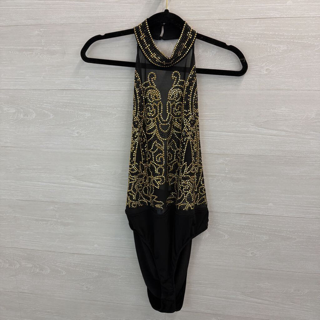 Venus Black/ Gold Embellished High Neck Bodysuit Top Large