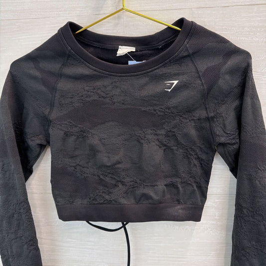 Gym Shark Black Textured Cropped Long Sleeve Lace Up Back Top Small