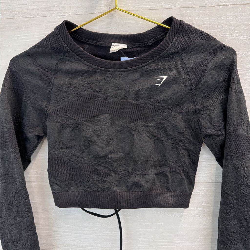 Gym Shark Black Textured Cropped Long Sleeve Lace Up Back Top Small
