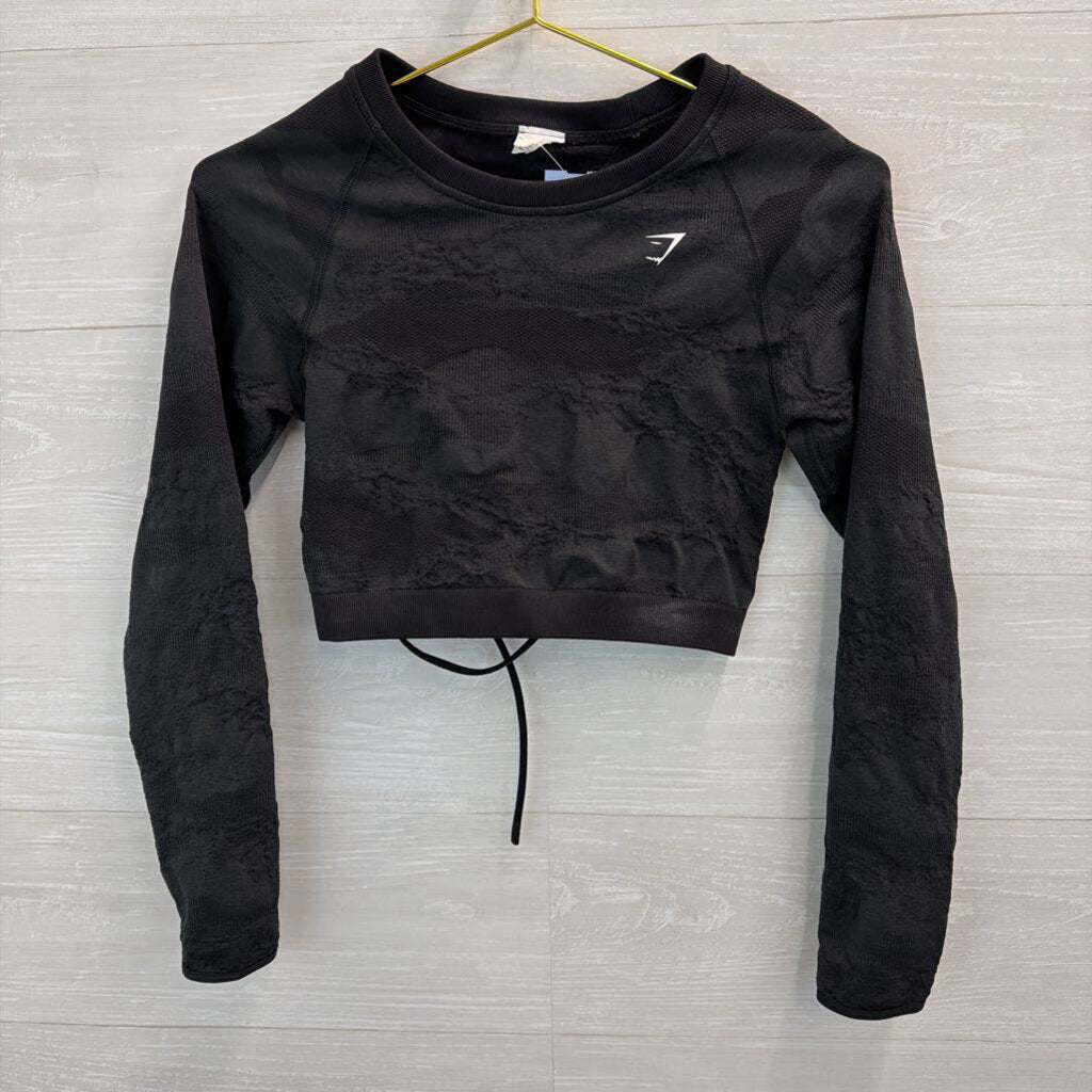 Gym Shark Black Textured Cropped Long Sleeve Lace Up Back Top Small