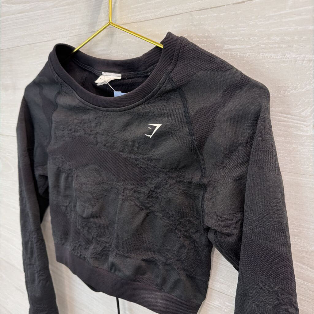 Gym Shark Black Textured Cropped Long Sleeve Lace Up Back Top Small