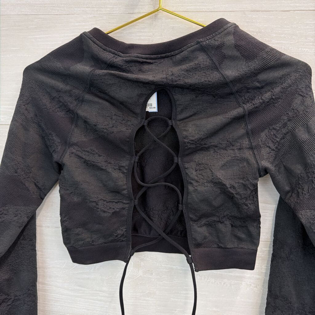 Gym Shark Black Textured Cropped Long Sleeve Lace Up Back Top Small