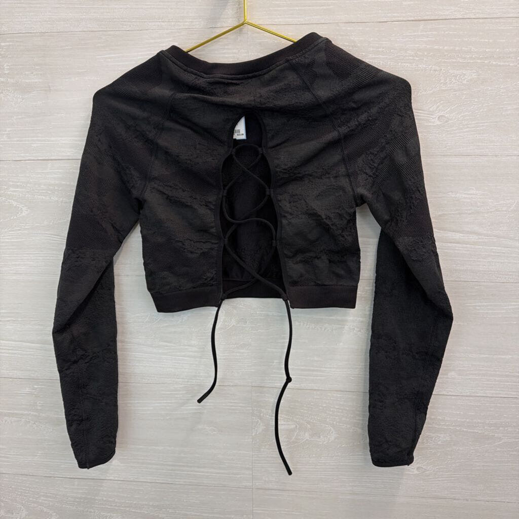 Gym Shark Black Textured Cropped Long Sleeve Lace Up Back Top Small