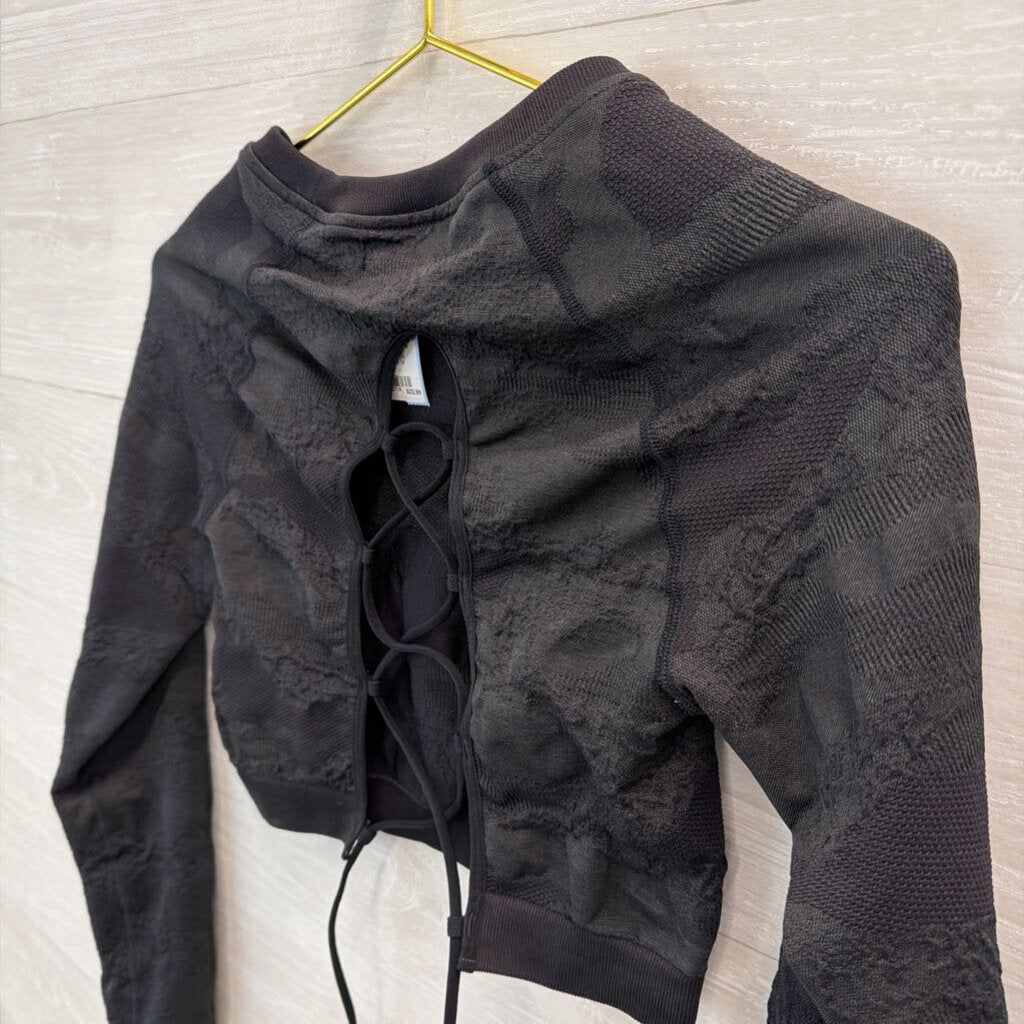 Gym Shark Black Textured Cropped Long Sleeve Lace Up Back Top Small