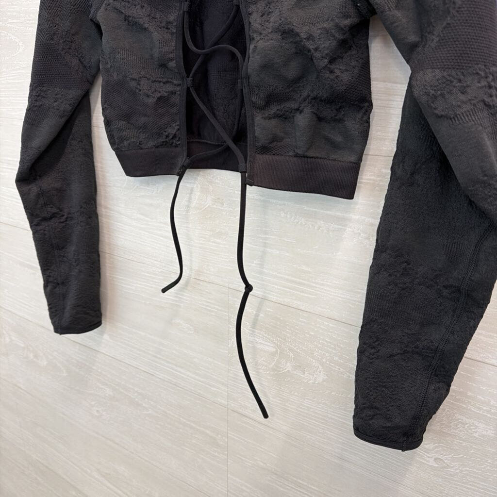Gym Shark Black Textured Cropped Long Sleeve Lace Up Back Top Small