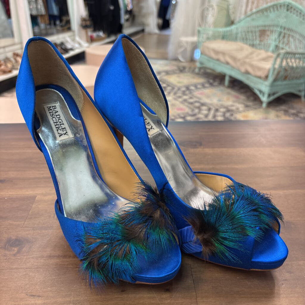 Badgley Mischka Piper Royal Blue Satin Peacock Feather Peep Toe High Heels 10