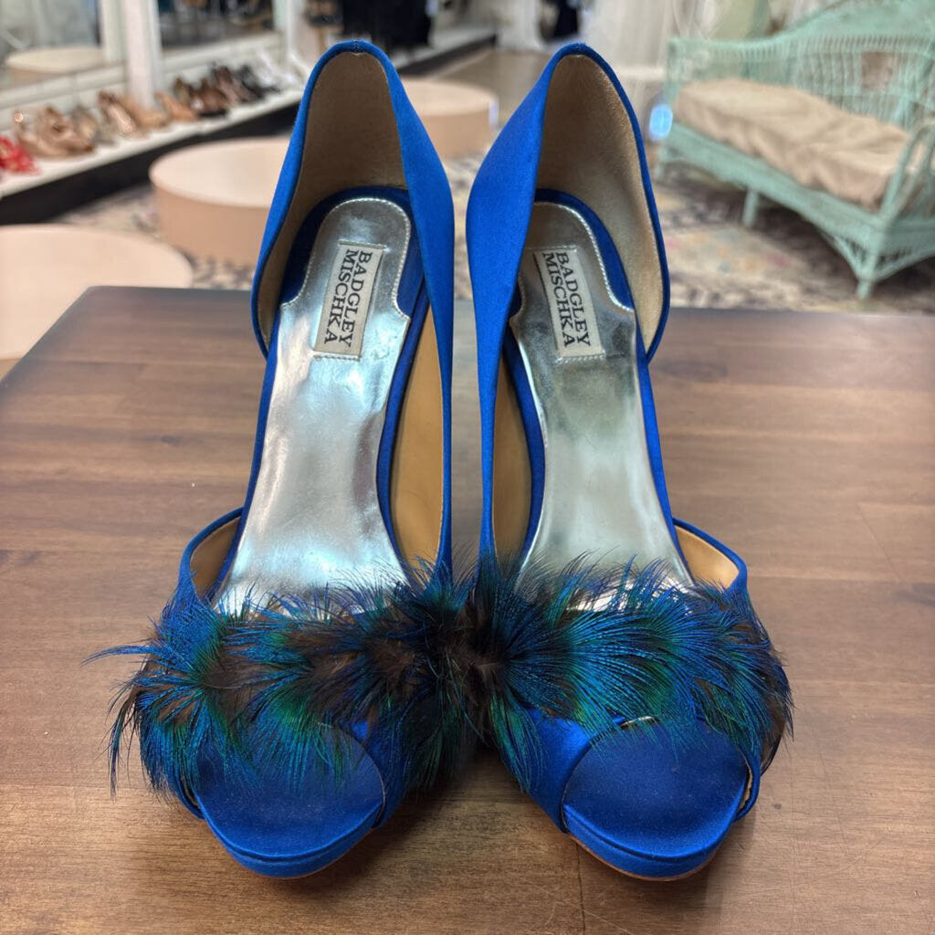 Badgley Mischka Piper Royal Blue Satin Peacock Feather Peep Toe High Heels 10