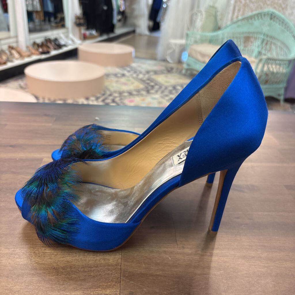 Badgley Mischka Piper Royal Blue Satin Peacock Feather Peep Toe High Heels 10