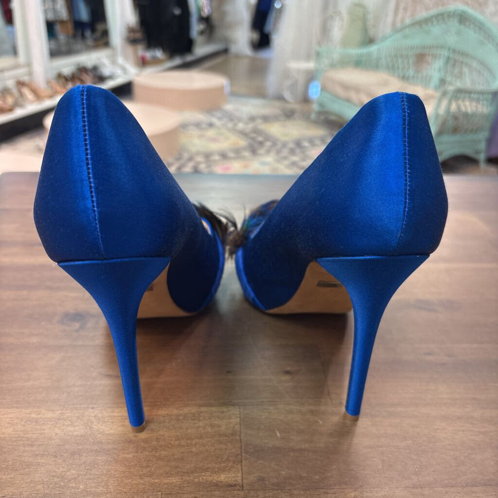 Badgley Mischka Piper Royal Blue Satin Peacock Feather Peep Toe High Heels 10