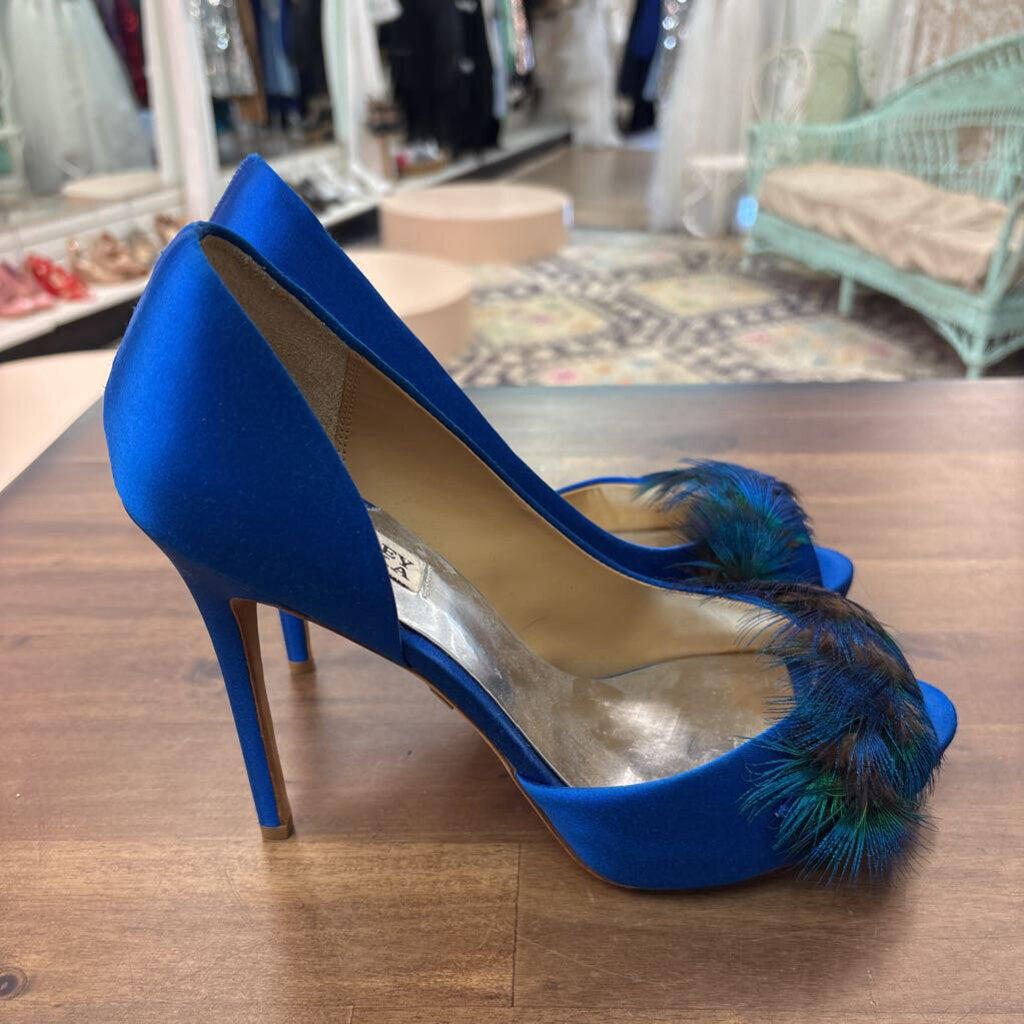 Badgley Mischka Piper Royal Blue Satin Peacock Feather Peep Toe High Heels 10