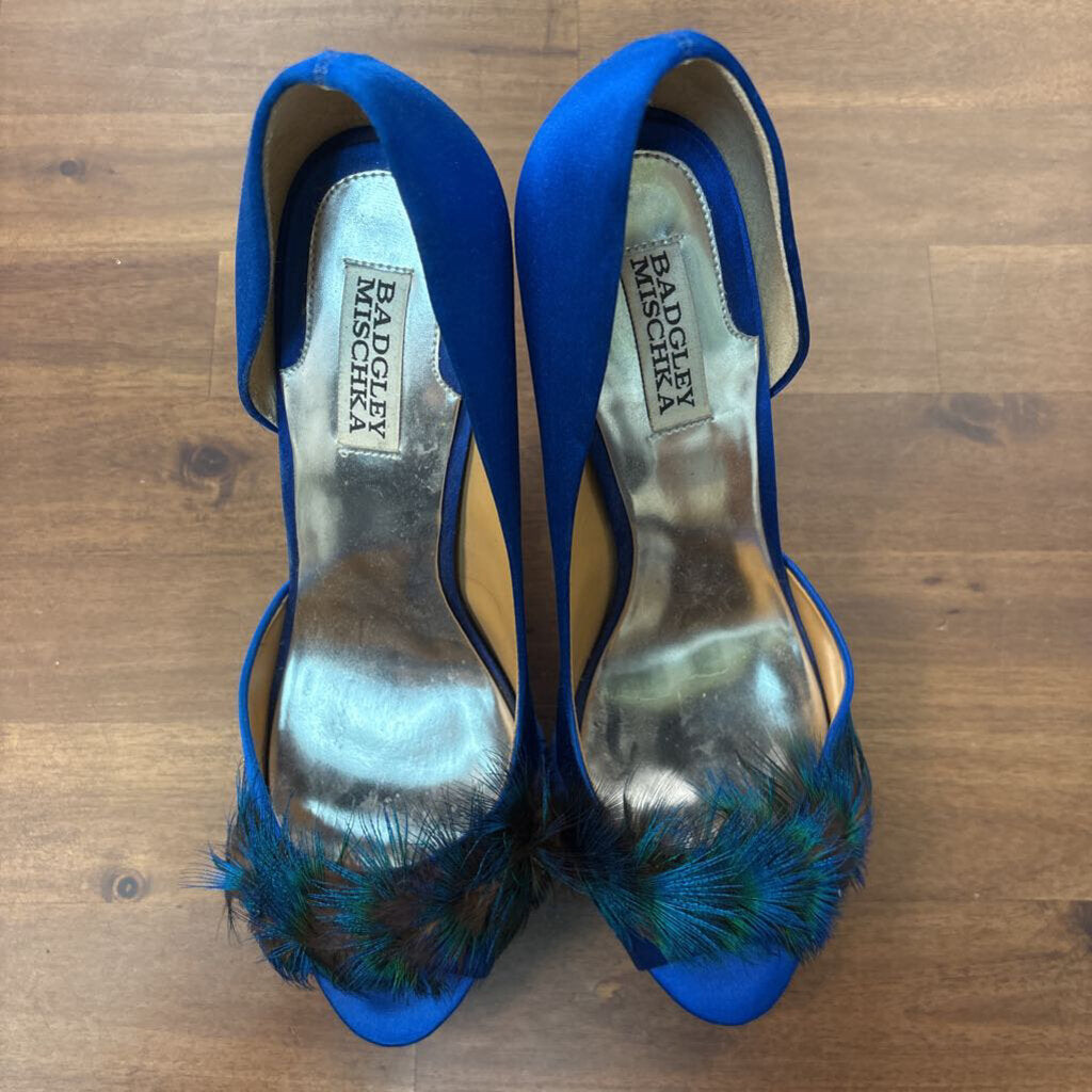 Badgley Mischka Piper Royal Blue Satin Peacock Feather Peep Toe High Heels 10