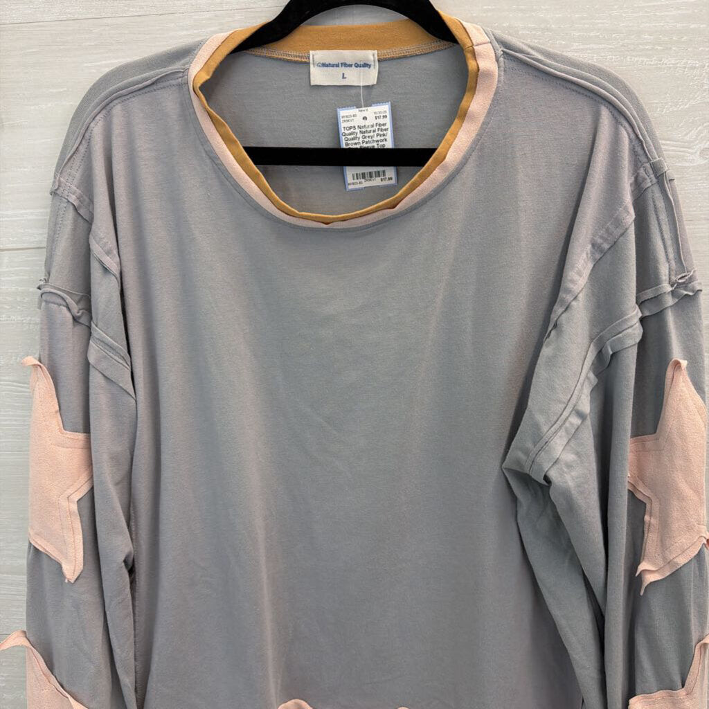 Natural Fiber Quality Grey/ Pink/ Brown Patchwork Star Sleeve Top Large