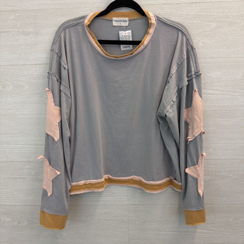 Natural Fiber Quality Grey/ Pink/ Brown Patchwork Star Sleeve Top Large