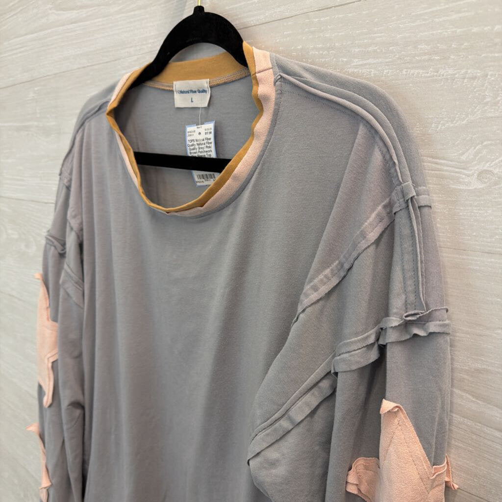 Natural Fiber Quality Grey/ Pink/ Brown Patchwork Star Sleeve Top Large